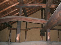 天井裏の小屋組みです。ほこりを被った太い野物に歴史を感じます。